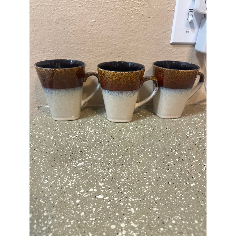 MasterCuisine Stoneware Coffee‎ Mugs Set of 3 Brown Blue Reactive Glaze